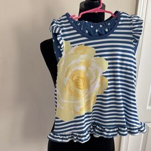 Striped Navy & White Ruffle Tank with Yellow Floral Print with Polka Dot shorts